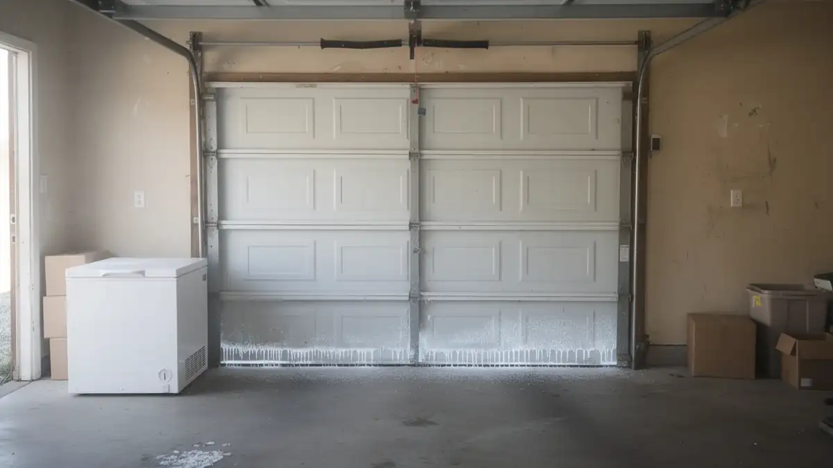 A white garage door with ice and water dripping from the bottom.