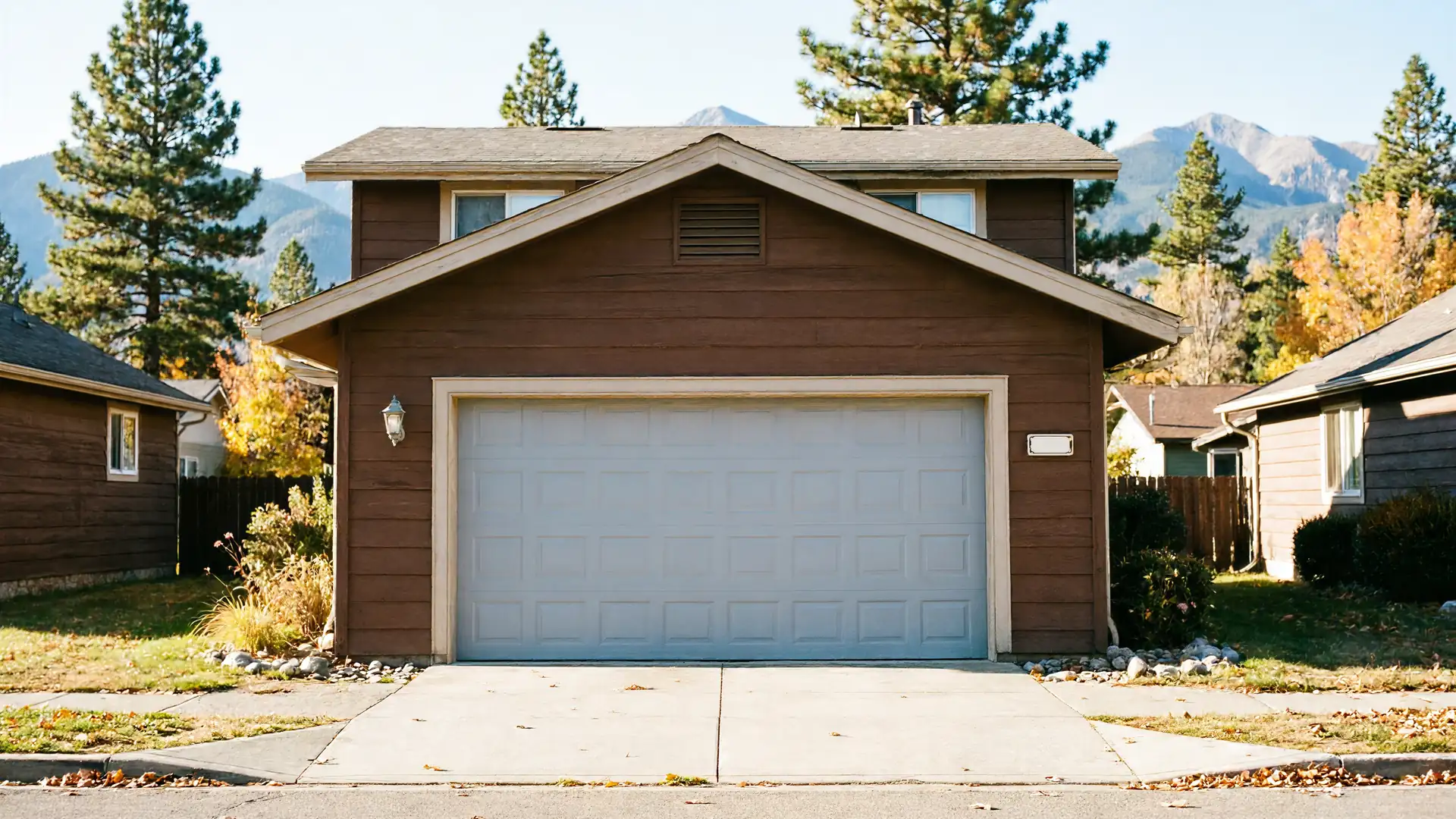 A brown house with a light gray garage door and a concrete driveway.