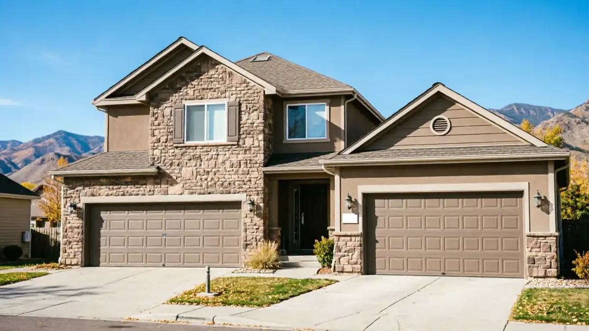 A large house with two brown garage doors and a stone facade.