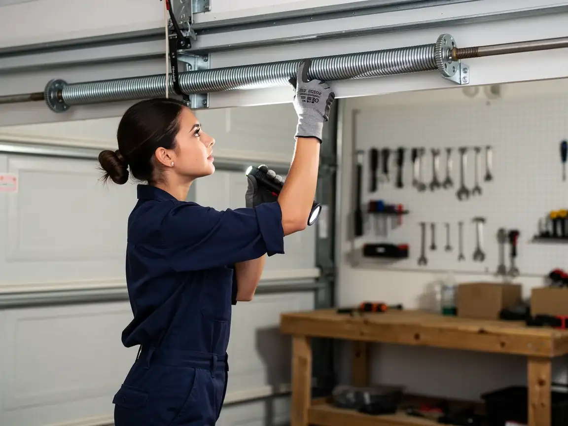 A technician in a blue jumpsuit inspects a garage door torsion spring with a flashlight.